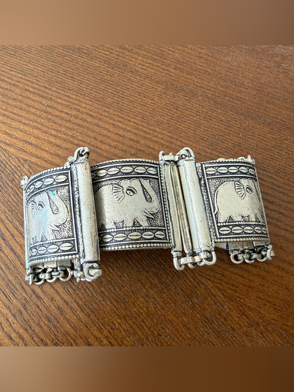Sterling-Style Silver Tone Hinged Panel Bracelet with elephant Motif